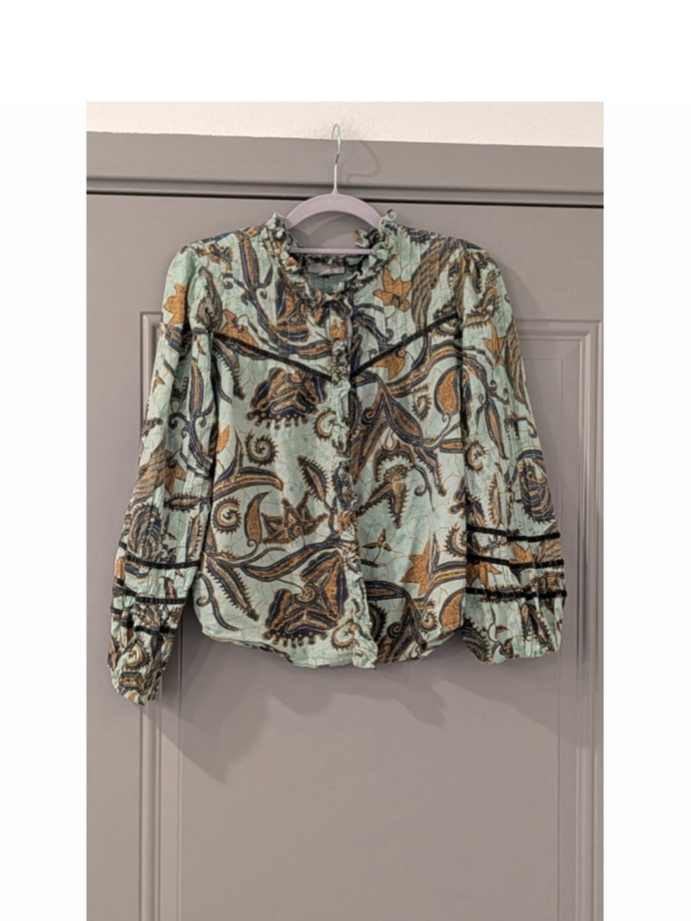 Women’s Paisley Ruffle Neck Blouse in Mint and Brown